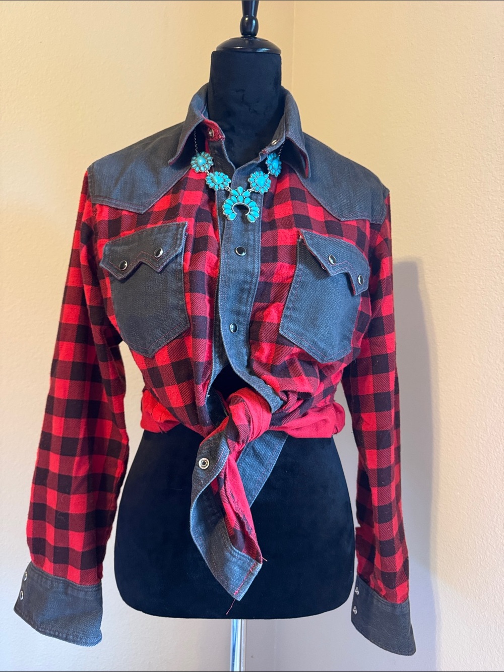 Vintage Red & Black Plaid Western Shirt with Denim Details